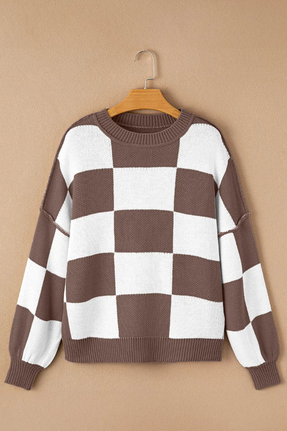 Dark Brown Checkered Bishop Sleeve Sweater Dear-Lover Dropshipping