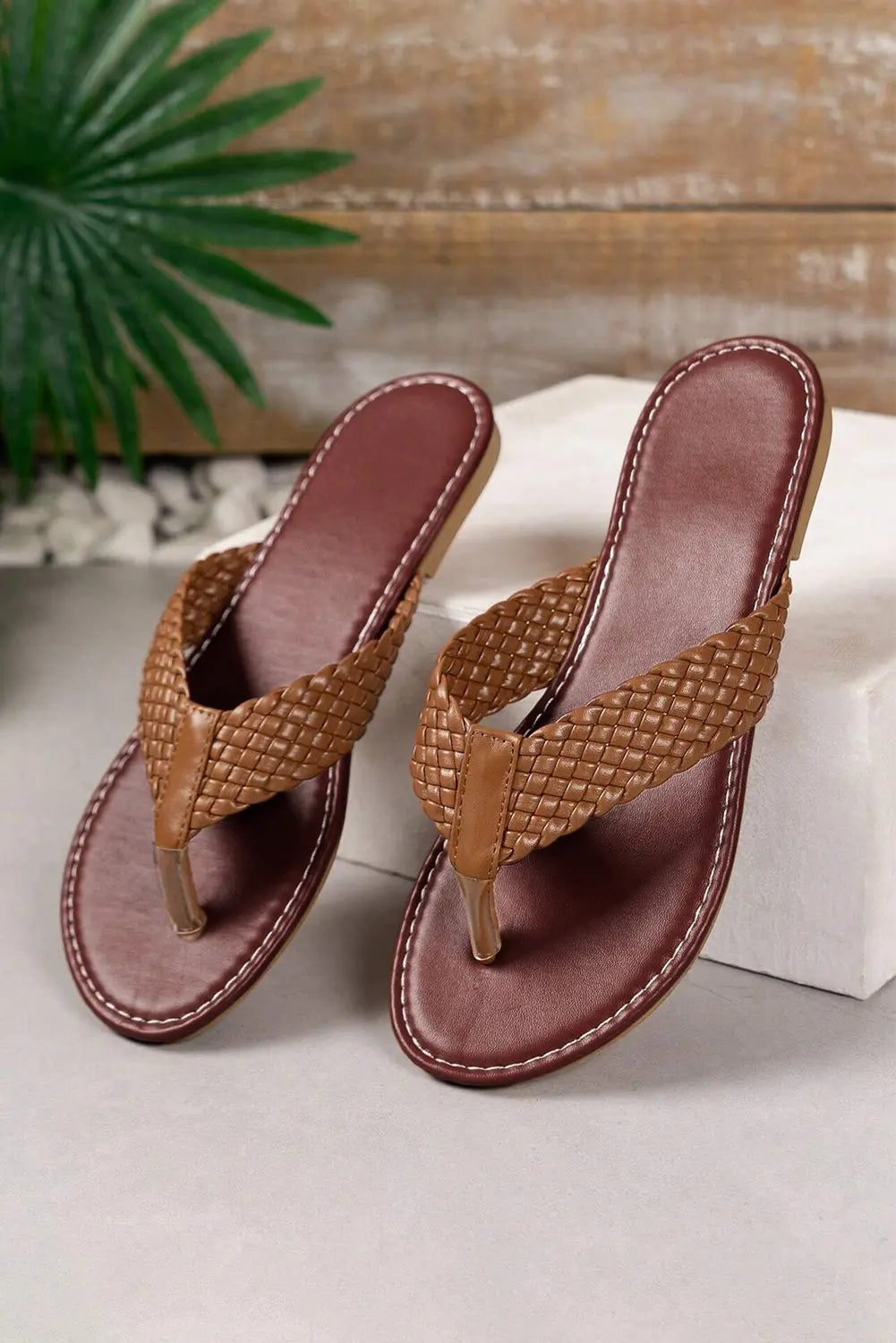 Chestnut Braided Strap PU Leather Flip Flop Dear-Lover Dropshipping