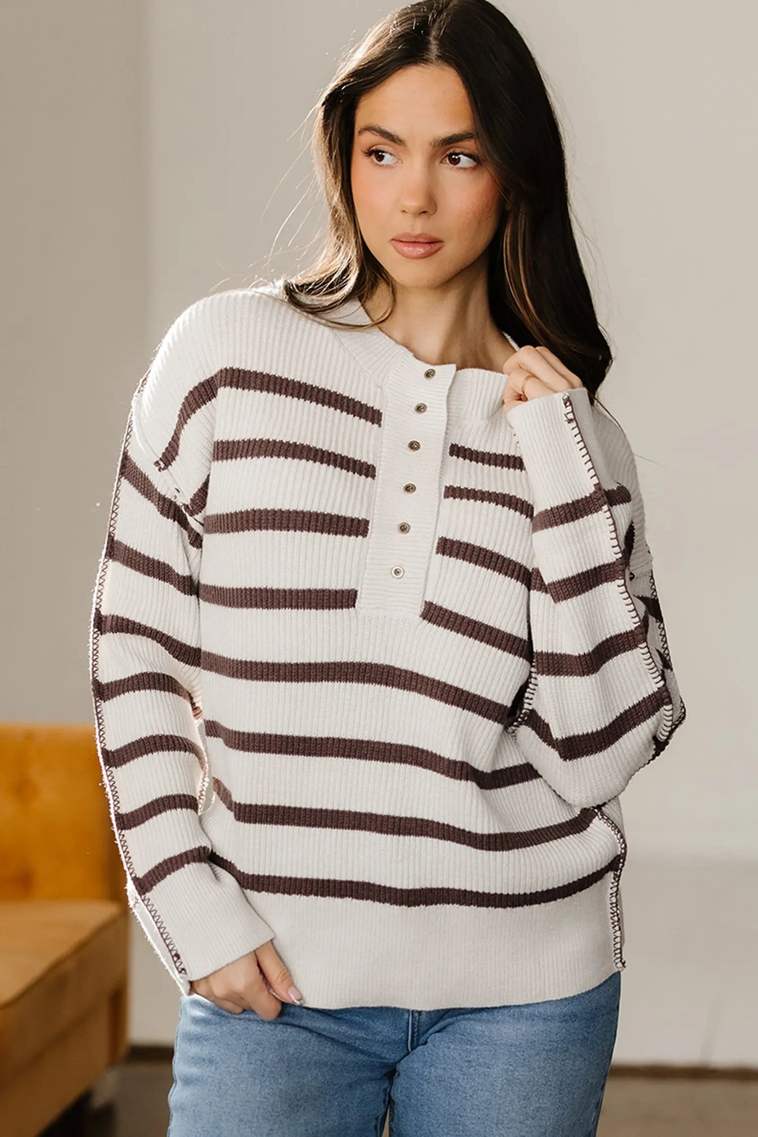 Brown Stripe Ribbed Henley Drop Shoulder Slouchy Sweater Dear-Lover Dropshipping