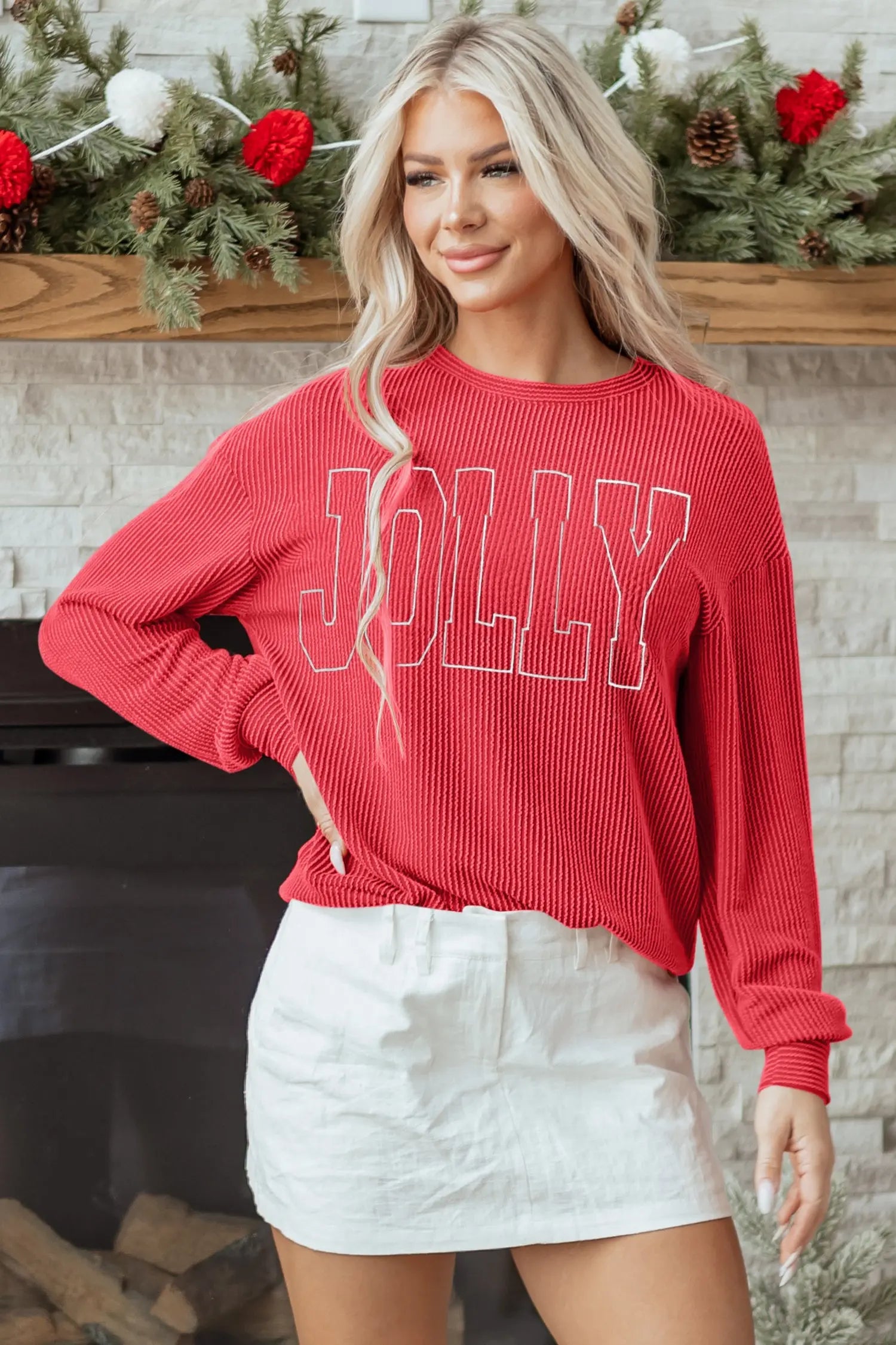 Racing Red Twisted Rib Outlined Merry Letter Graphic Loose Long Sleeve Top Dear-Lover Dropshipping