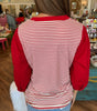 Red Stripe Half Placket V Neck Contrast 3/4 Sleeve Patchwork Top Dear-Lover Dropshipping