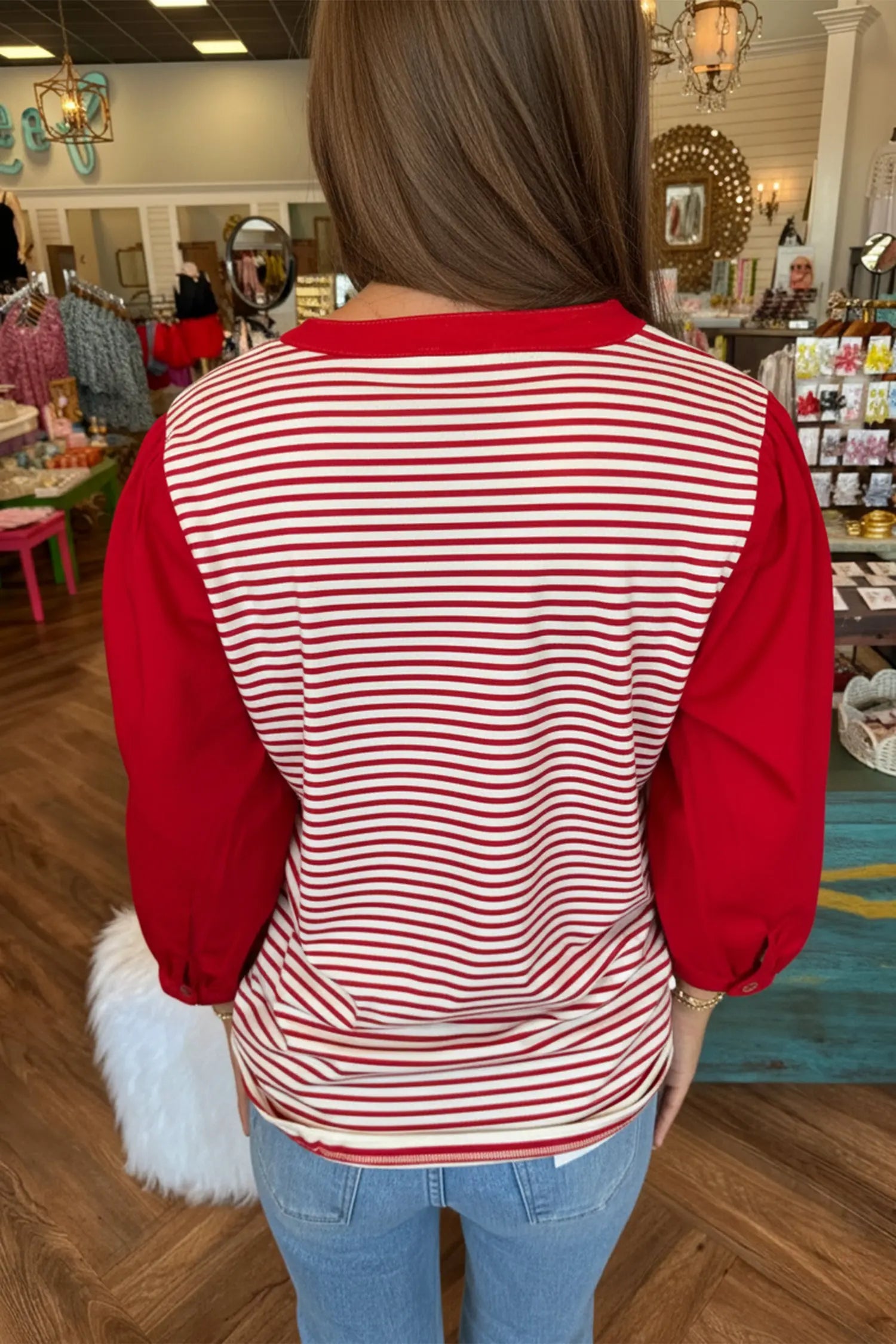 Red Stripe Half Placket V Neck Contrast 3/4 Sleeve Patchwork Top Dear-Lover Dropshipping