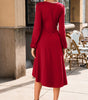 Fiery Red Solid Color Ruched Detail Long Sleeve Midi Dress Markonline