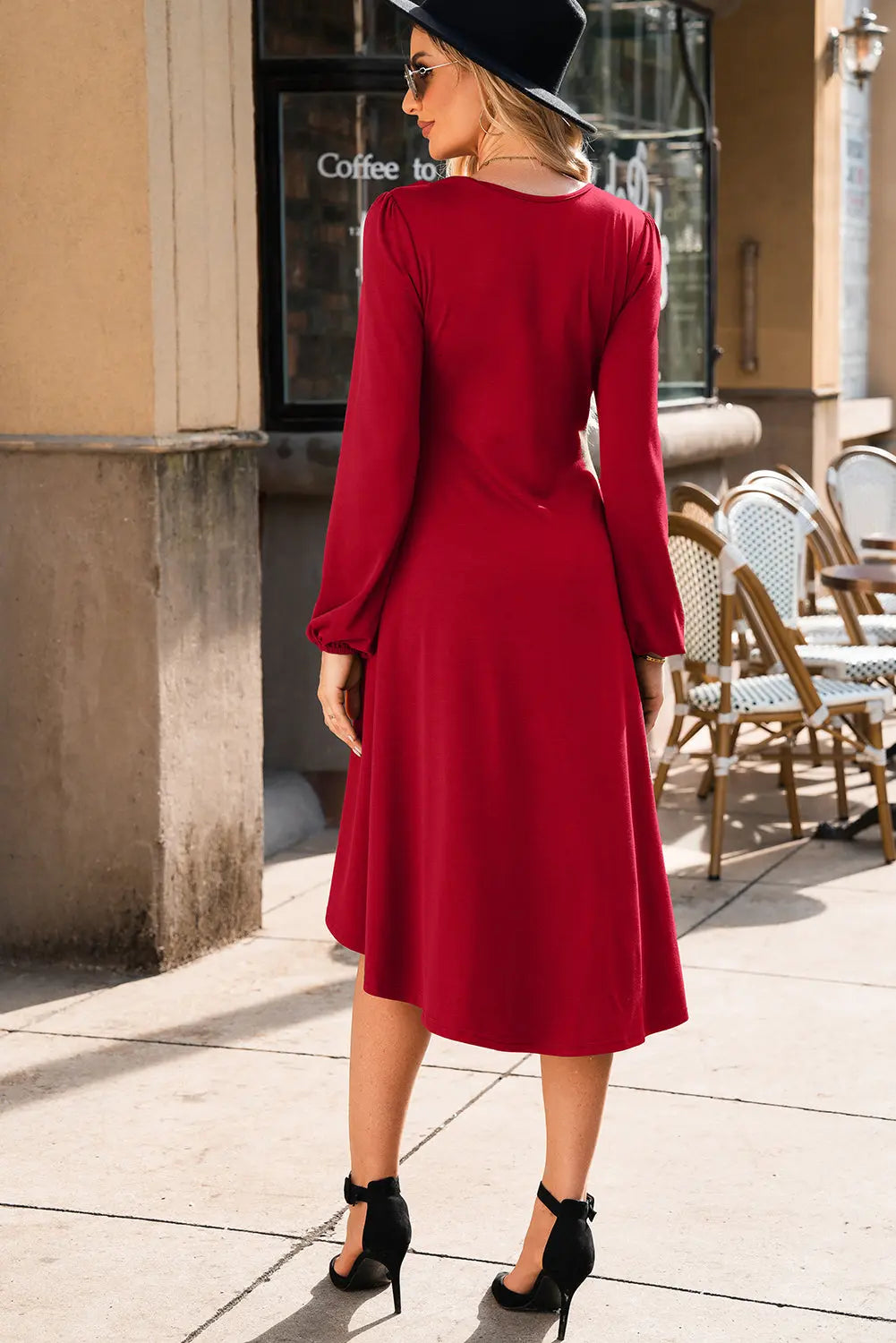 Fiery Red Solid Color Ruched Detail Long Sleeve Midi Dress Markonline