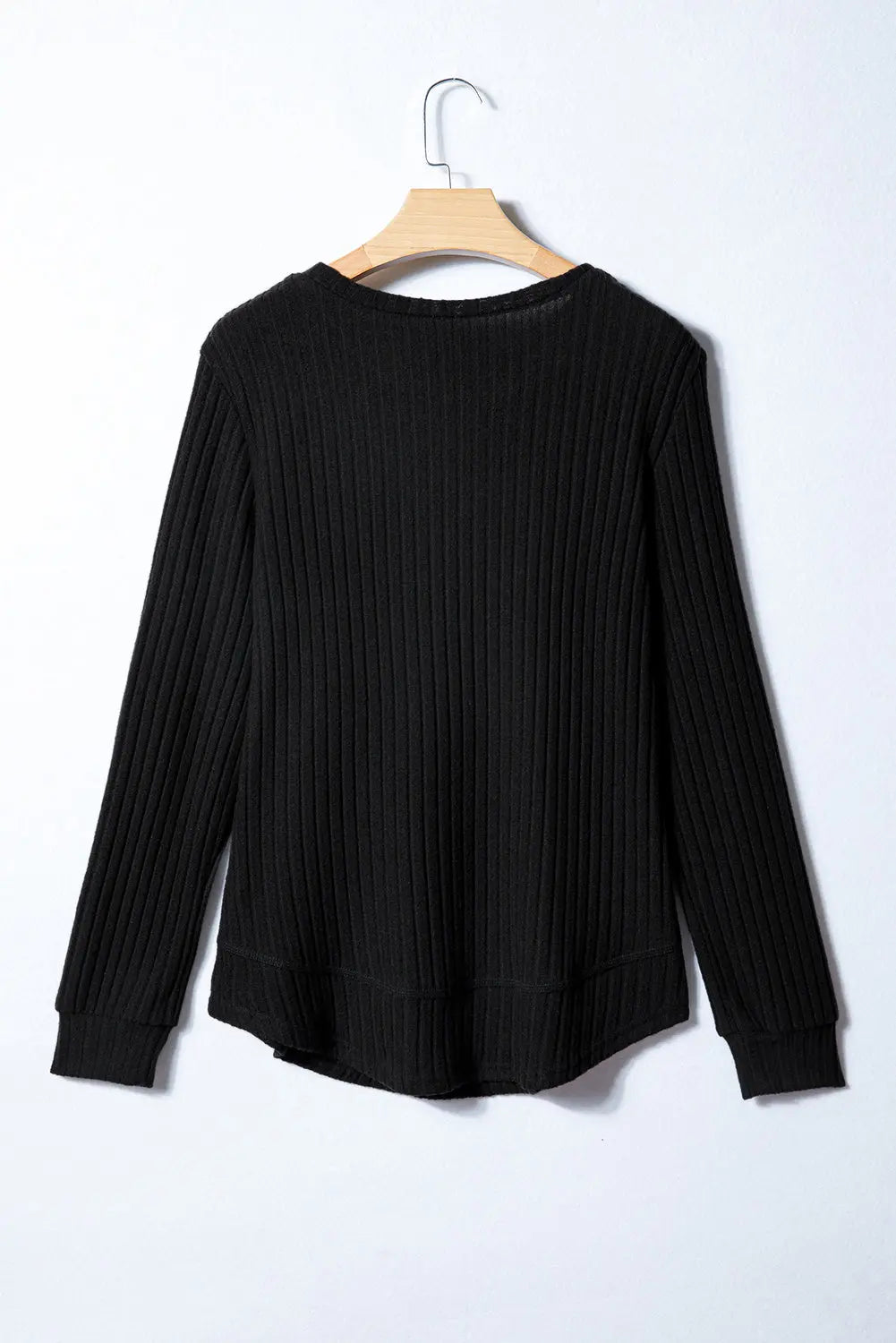 Black Ribbed Texture Round Neck Long Sleeve Rounded Hem Knit Top Markonline