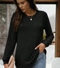 Black Ribbed Texture Round Neck Long Sleeve Rounded Hem Knit Top Markonline