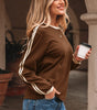 Dark Brown Varsity Striped Accent Contrast Crew Neck Long Sleeve T Shirt Markonline