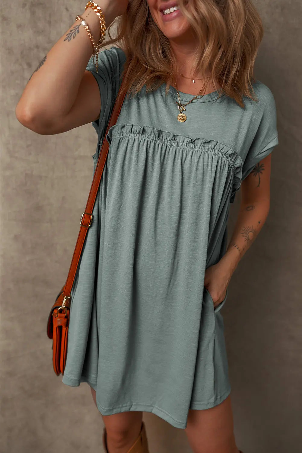 Mist Green Frilled Gathered Seam Round Neck T Shirt Dress Markonline