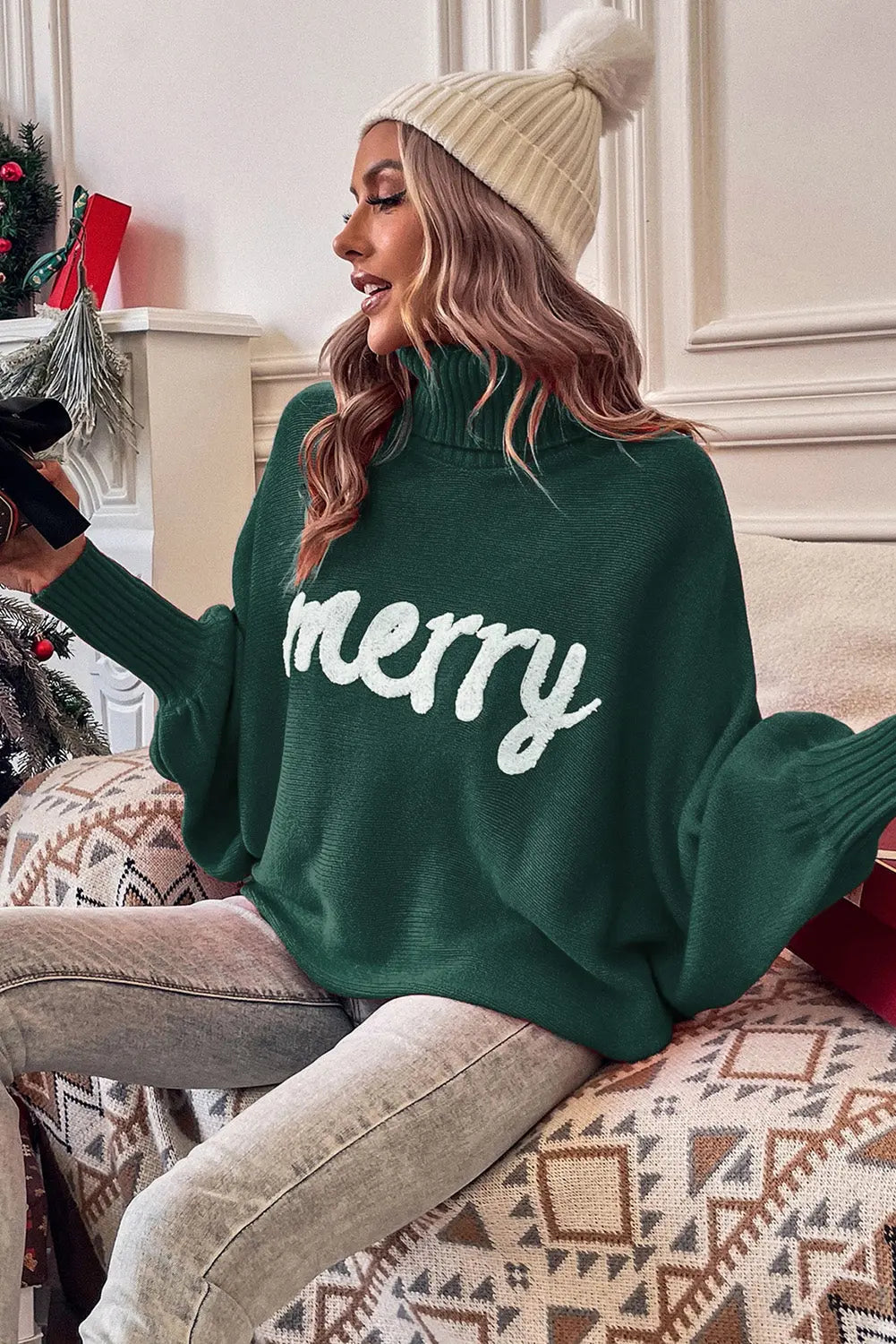Blackish Green Merry Letter Embroidered High Neck Sweater Dear-Lover Dropshipping