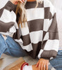 Dark Brown Checkered Bishop Sleeve Sweater Dear-Lover Dropshipping