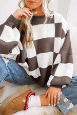 Dark Brown Checkered Bishop Sleeve Sweater Dear-Lover Dropshipping