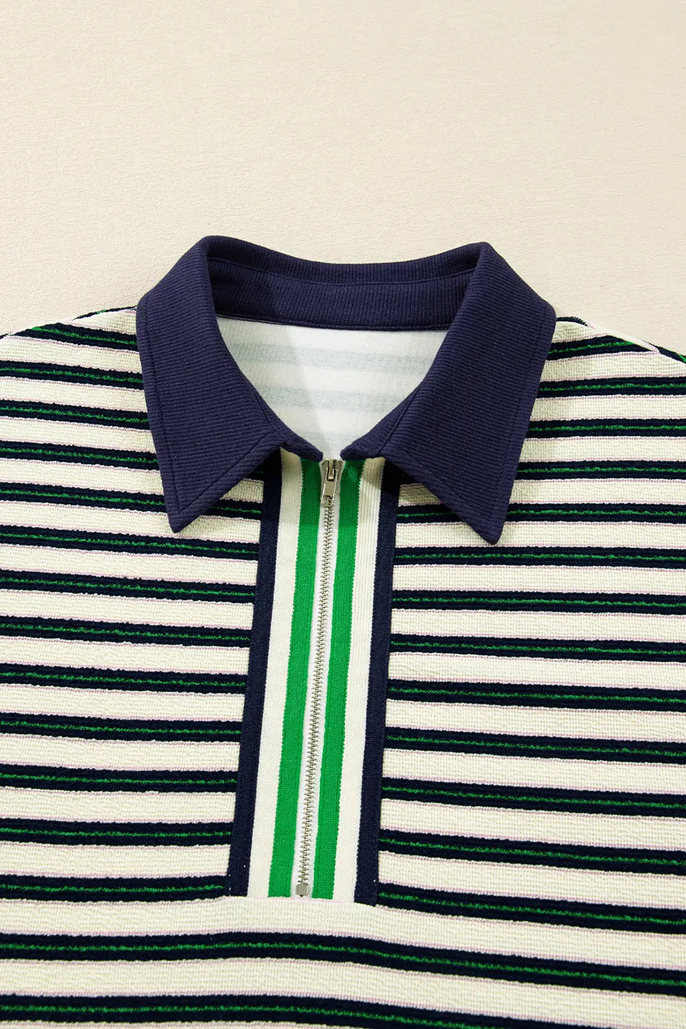 Navy Blue Striped Print Contrast Collar Zip V Neck Long Sleeve Top Dear-Lover Dropshipping