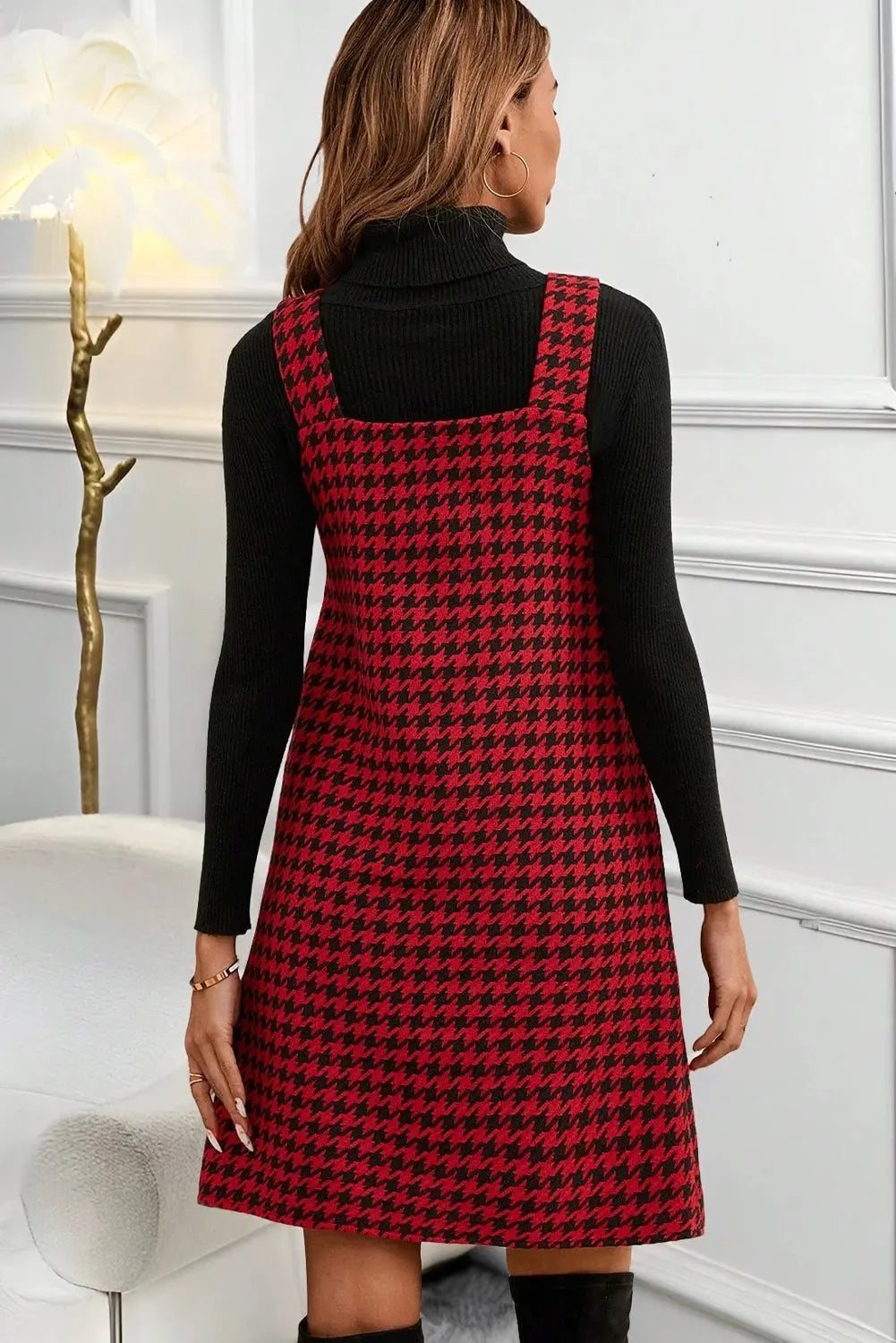 Red Houndstooth Print V Neck Sleeveless Mini Dress Markonline