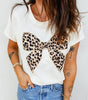 White Leopard Bow Embroidered Cotton Round Neck T Shirt Markonline