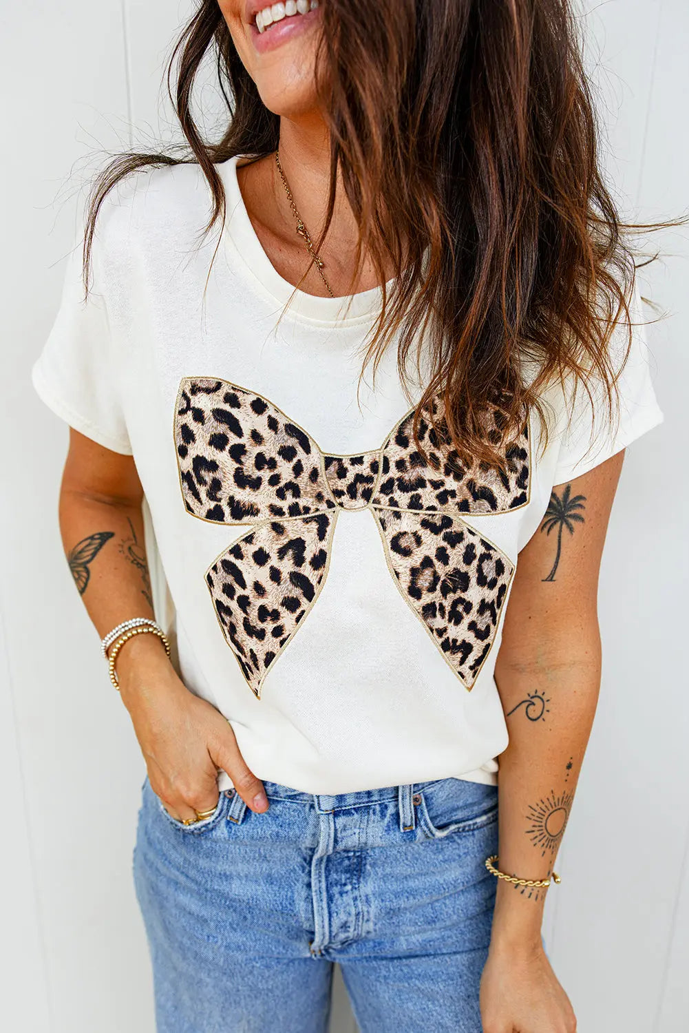 White Leopard Bow Embroidered Cotton Round Neck T Shirt Markonline