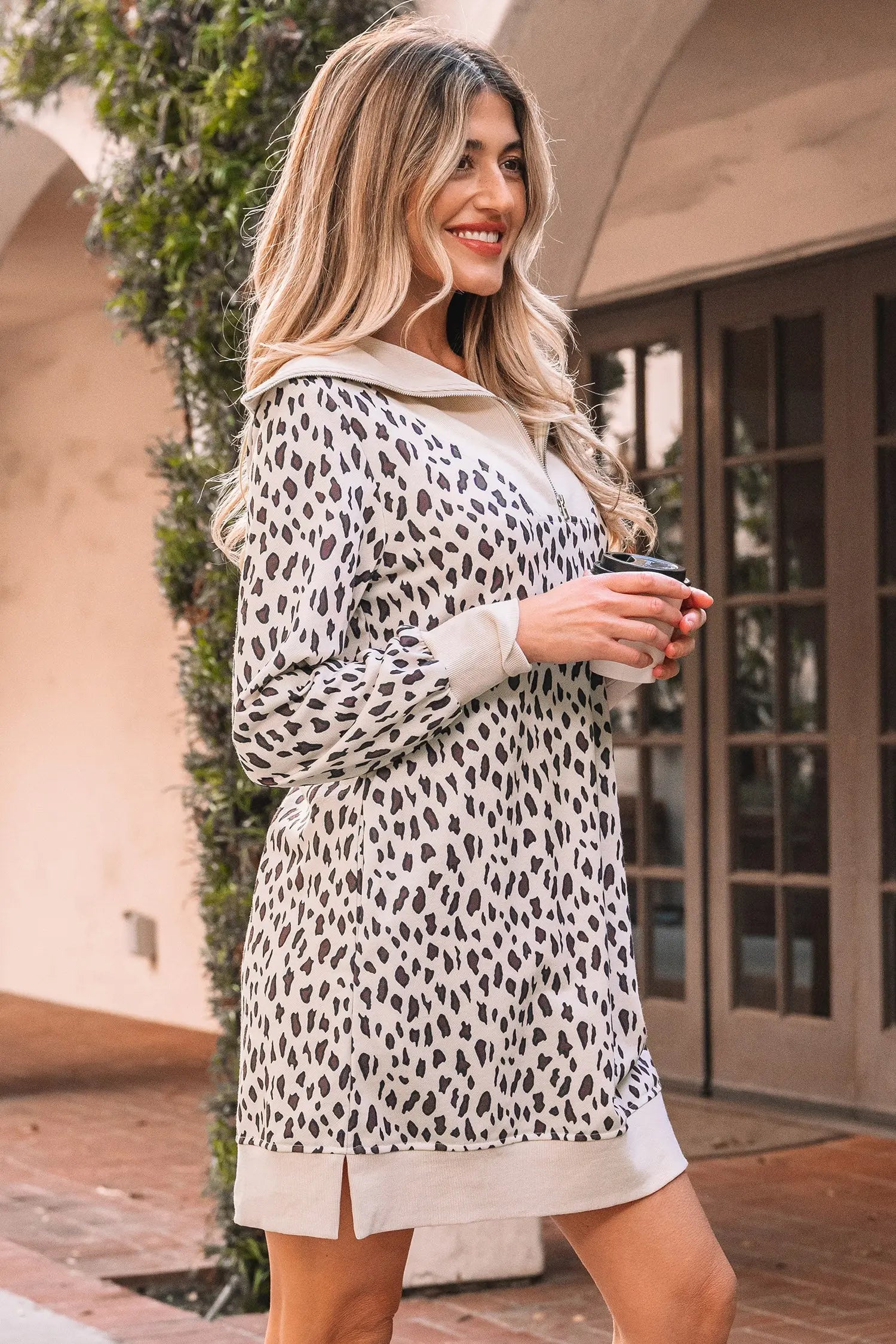 Khaki Leopard Print Zip up Collar Patchwork Shift Mini Dress Markonline