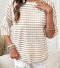 Apricot Stripe Textured Knit Split Hem Half Sleeve Loose Top Markonline