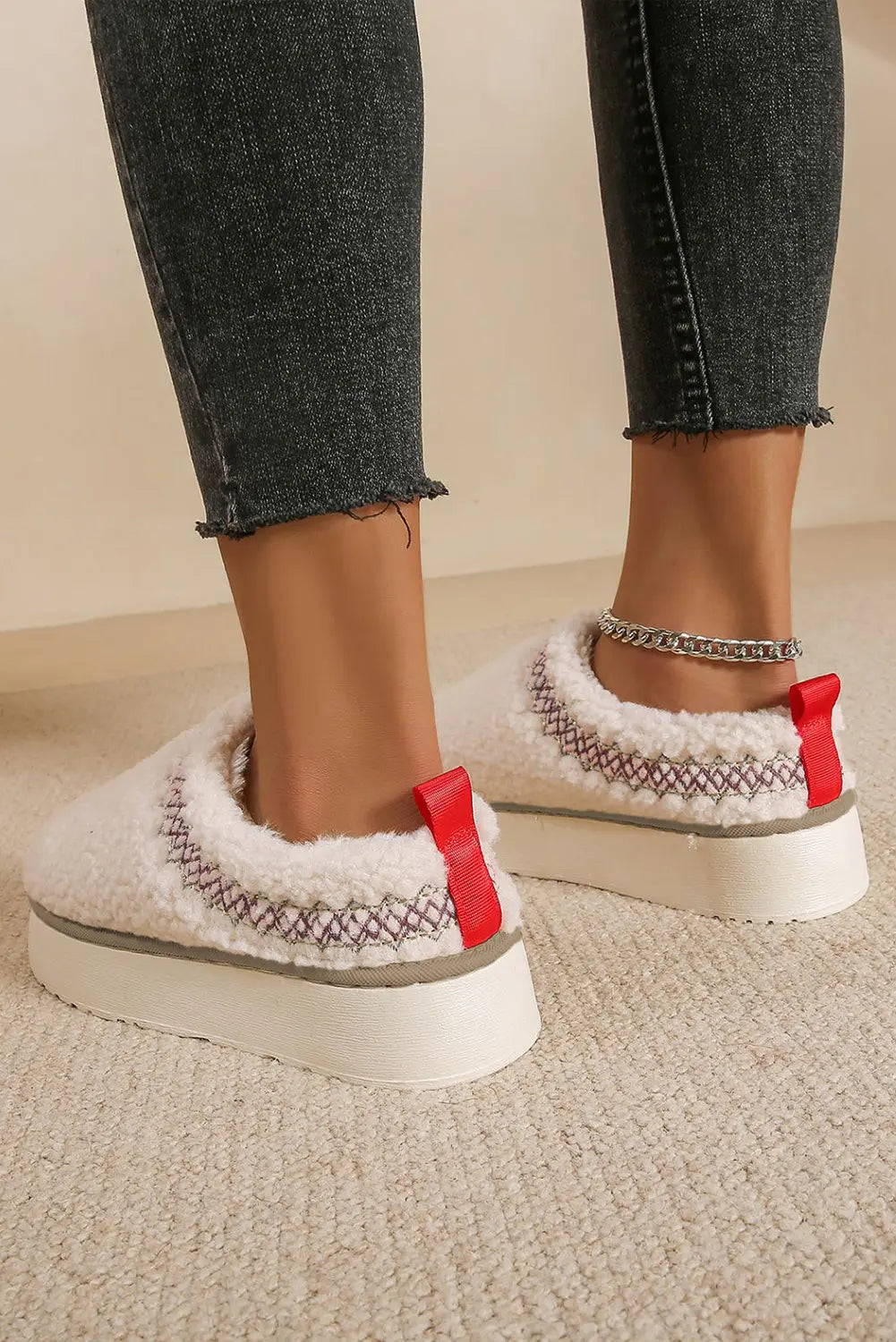 White Embroidered Sherpa Plush Thick Sole Winter Slippers Dear-Lover Dropshipping