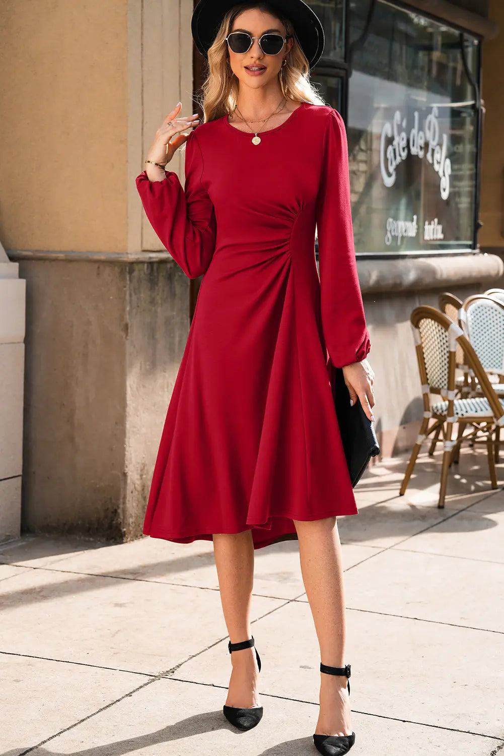 Fiery Red Solid Color Ruched Detail Long Sleeve Midi Dress Markonline
