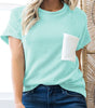 Light Blue Corded Knit Color Block Pocketed Crew Neck T Shirt Markonline