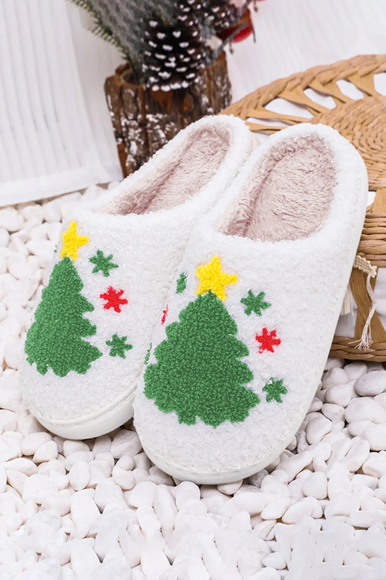 White Fuzzy Christmas Tree Pattern Home Slippers Dear-Lover Dropshipping