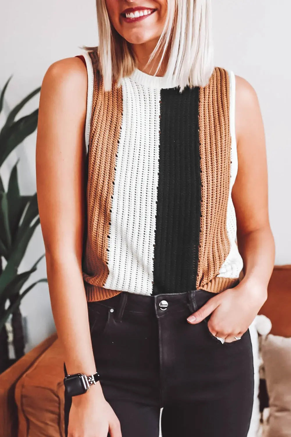 Khaki Stripe Color Block Sleeveless Knitted Sweater Vest Dear-Lover Dropshipping