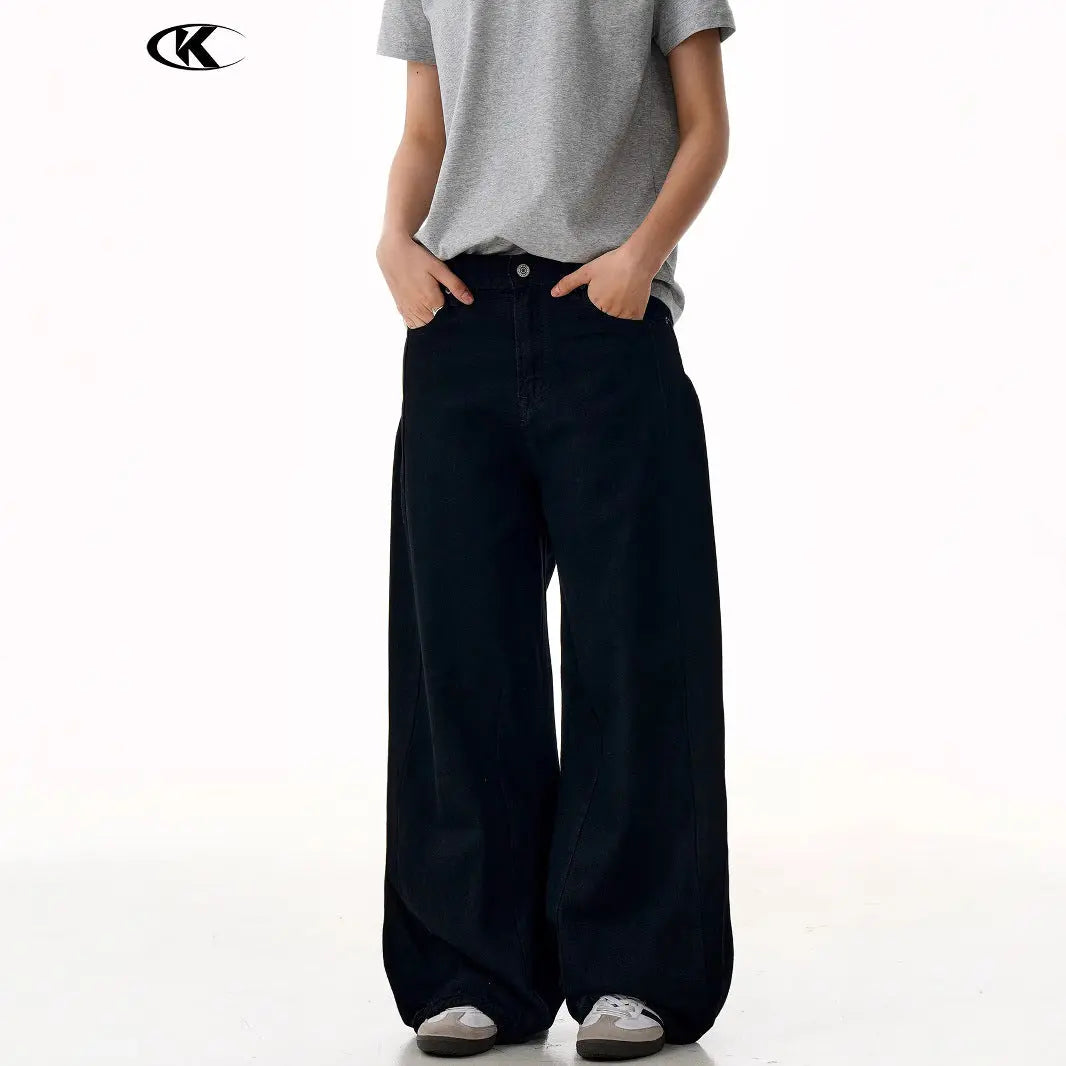 Vintage Black Denim Pants for Men and Women Straight Clean Fit Loose Wide Leg Floor-Length Casual Trousers Markonline