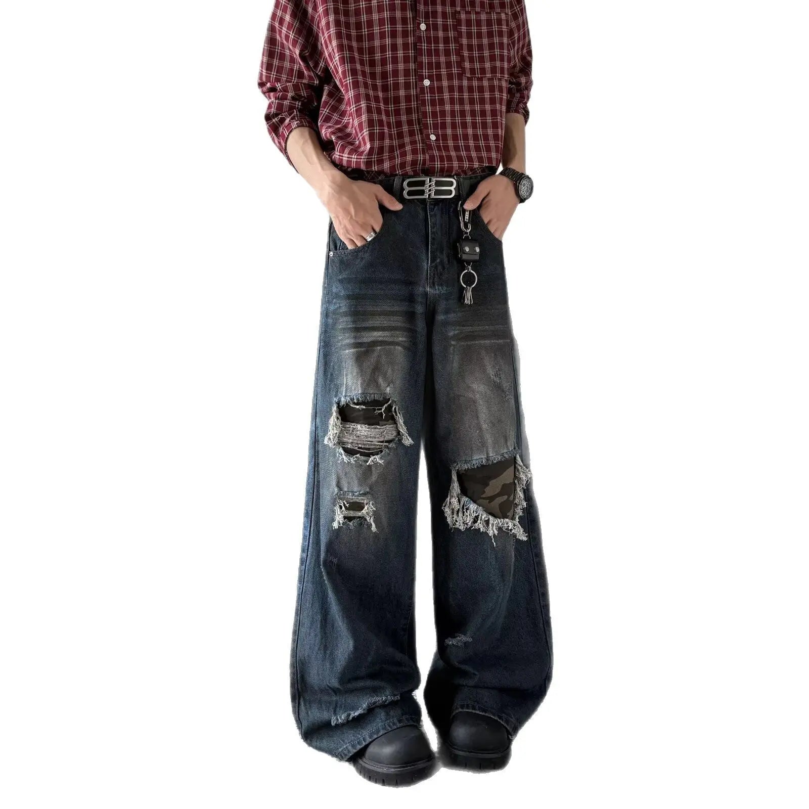 Retro patch distressed camouflage jeans for men and women