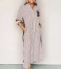 Brown Stripe Contrast Leopard Patchwork Long Shirt Dress with Slits Markonline