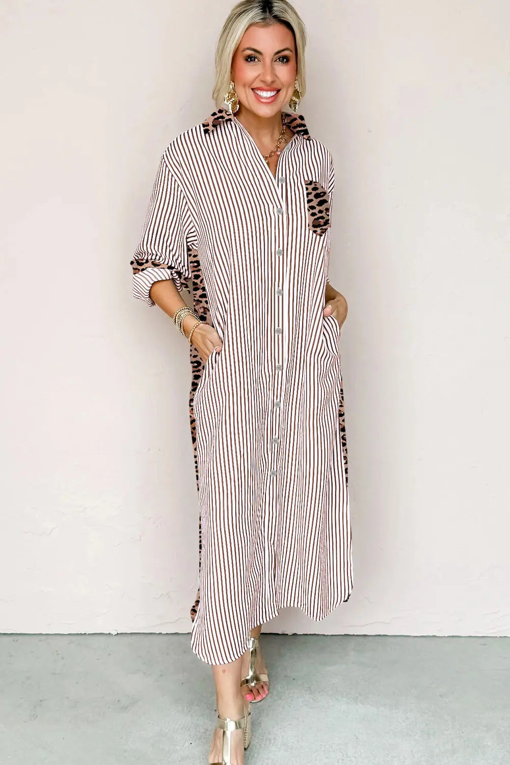 Brown Stripe Contrast Leopard Patchwork Long Shirt Dress with Slits Markonline