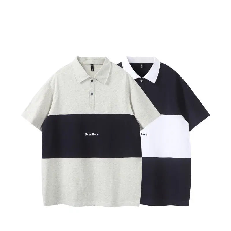 Color blocked patchwork polo shirt men's loose short sleeved shirt Markonline