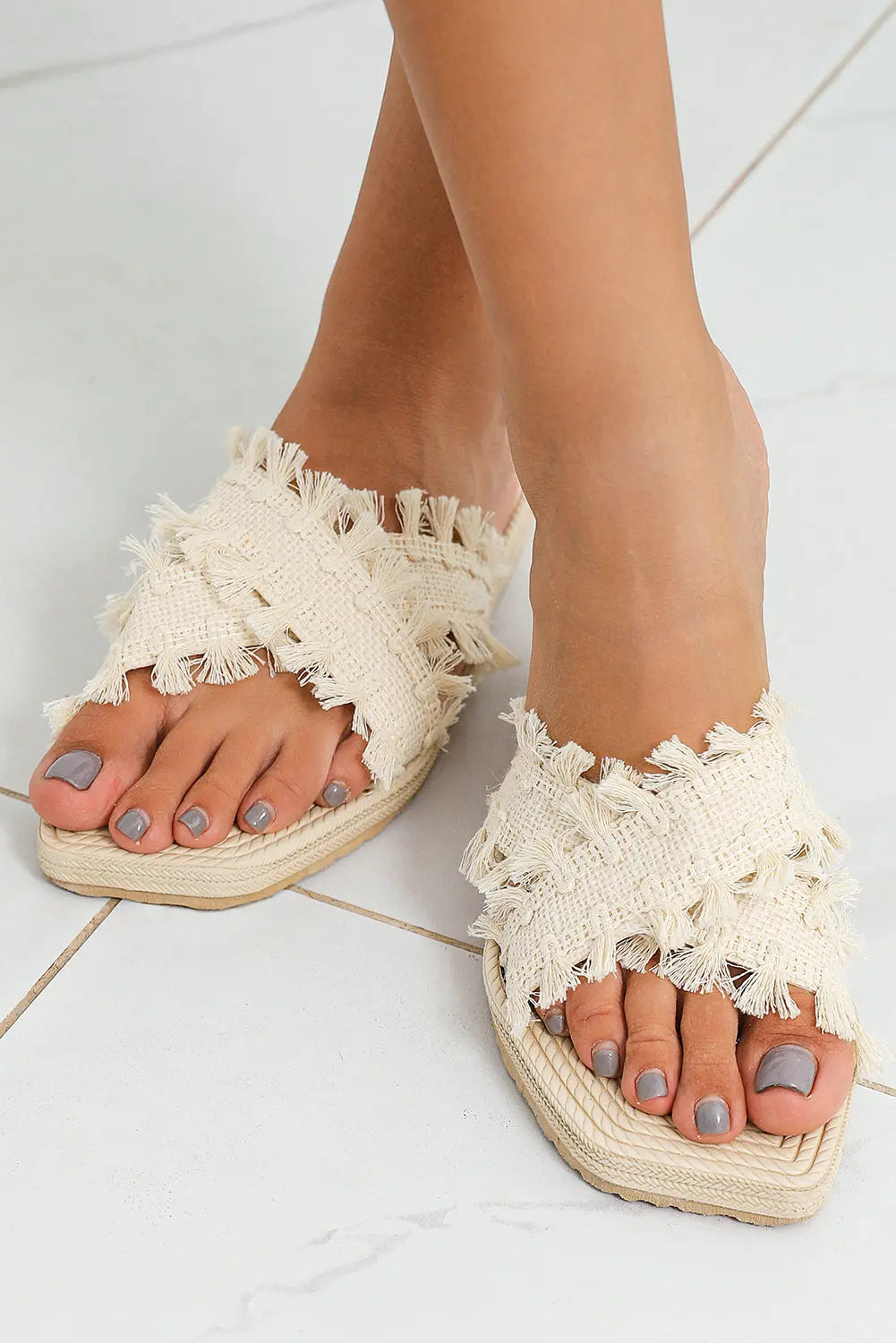 Beige Tassel Woven Crossed Straps Flat Slippers Dear-Lover Dropshipping