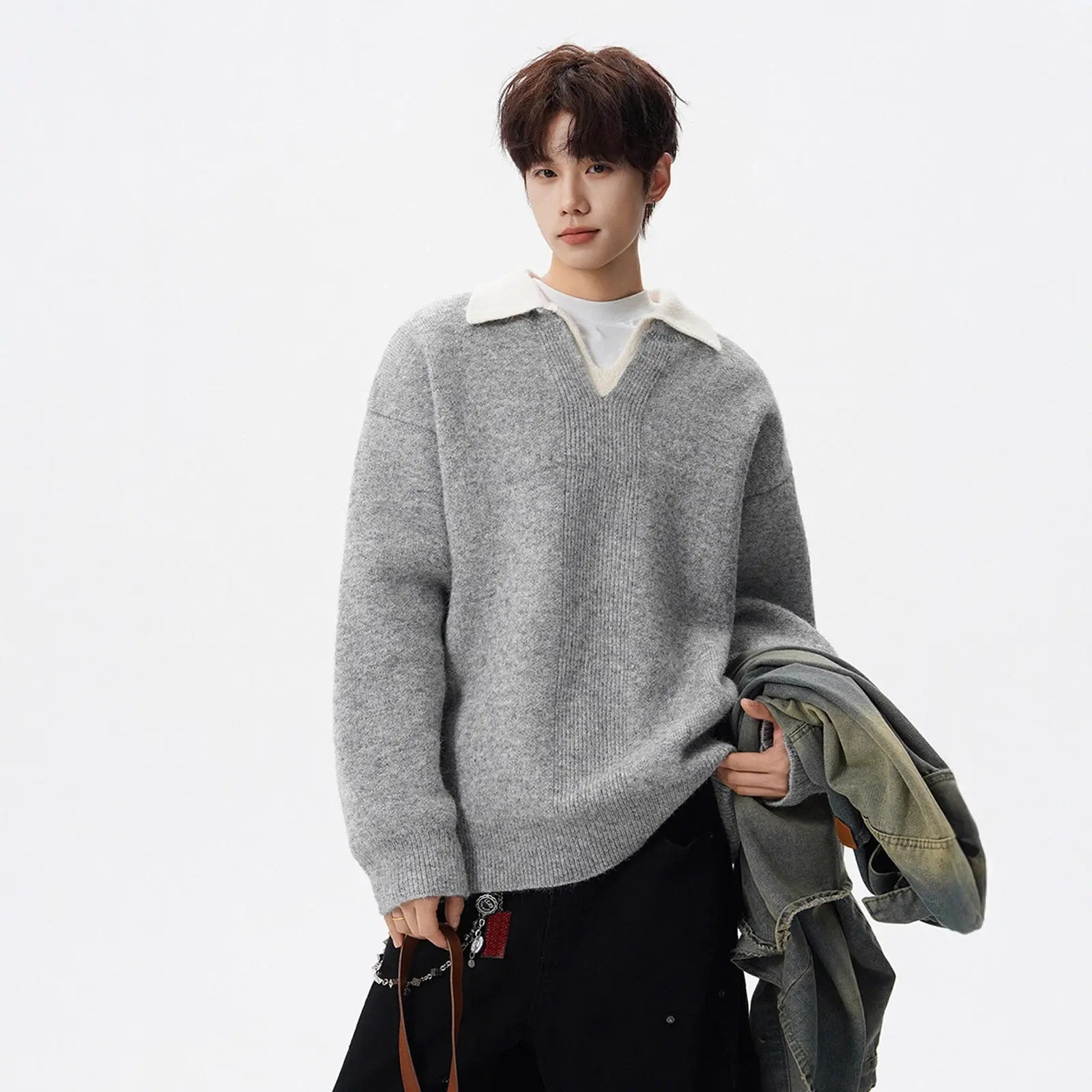 Heavyweight Casual Collar Knit Sweater for Men and Women, Winter Vintage Two-Tone Knitwear High-End Warm Couple's Base Layer Sweater Markonline