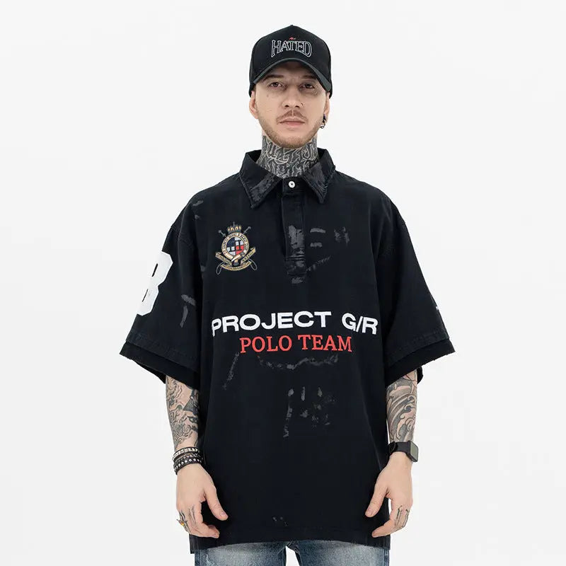 Men's Polo Shirt with Patchwork Badge Letter Embroidery Football