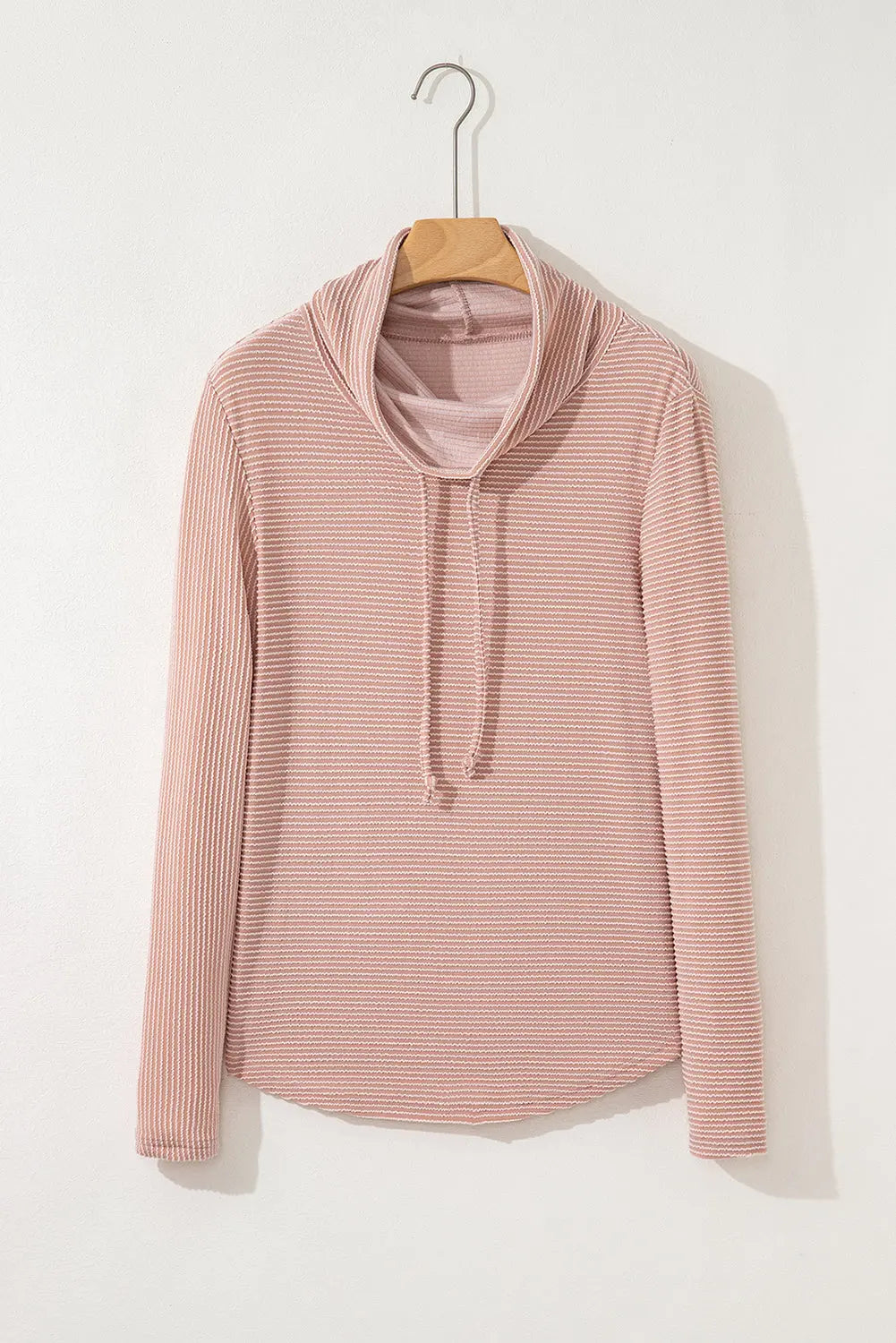 Pale Chestnut Horizontal Twist Ribbed Drawstring Cowl Neck Knit Top Markonline