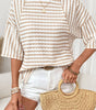 Apricot Stripe Textured Knit Split Hem Half Sleeve Loose Top Markonline