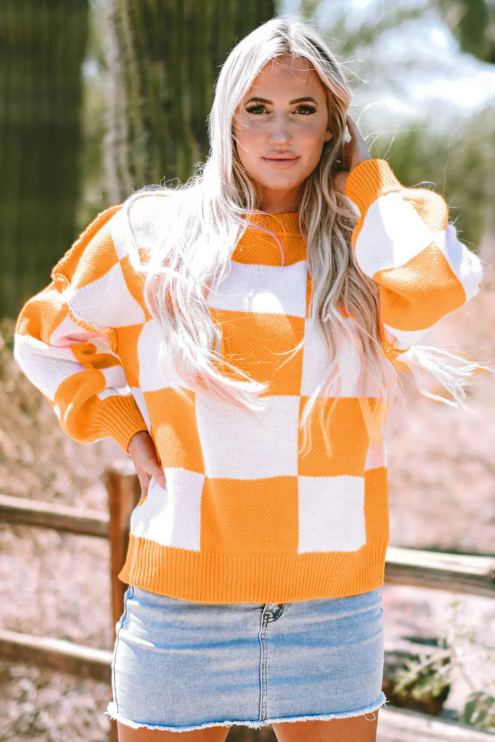 Orange Checkered Bishop Sleeve Sweater Dear-Lover Dropshipping