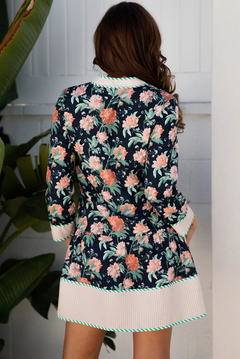 Blue Floral Print Striped Trim V Neck Long Sleeve Ruffle Hem Shift Mini Dress