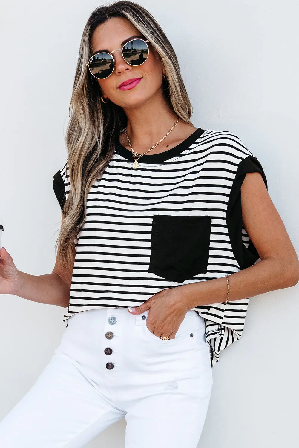 Black Stripe Chest Pocket Patch Round Neck Tank Top Dear-Lover Dropshipping