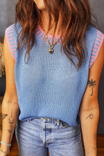 Sky Blue Contrast Trim Round Neck Sleeveless Sweater Dear-Lover Dropshipping