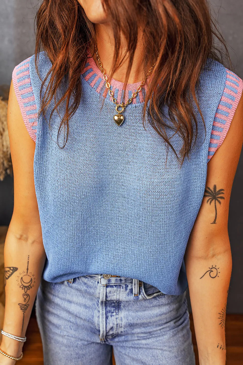 Sky Blue Contrast Trim Round Neck Sleeveless Sweater Dear-Lover Dropshipping