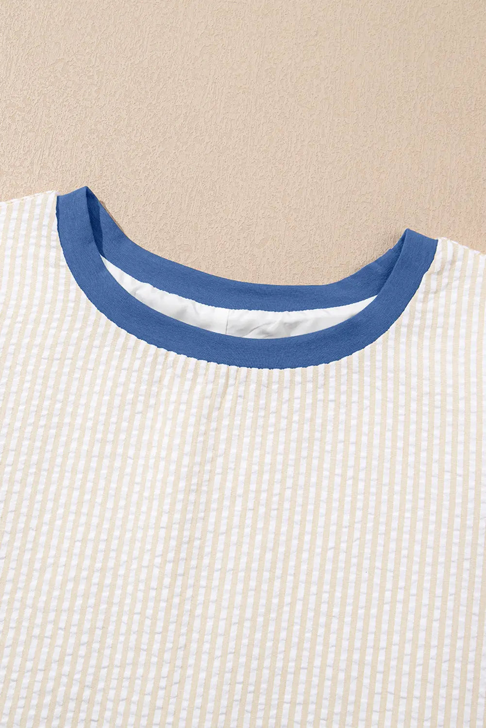 Beige Stripe Seersucker Contrast Round Neck Puff Sleeve T Shirt Dress Markonline