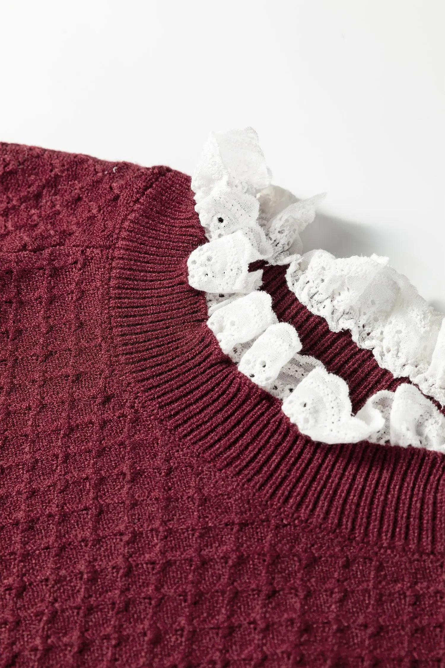 Burgundy Contrast Lace Frilled Trim Raglan Sleeve Sweater Dear-Lover Dropshipping