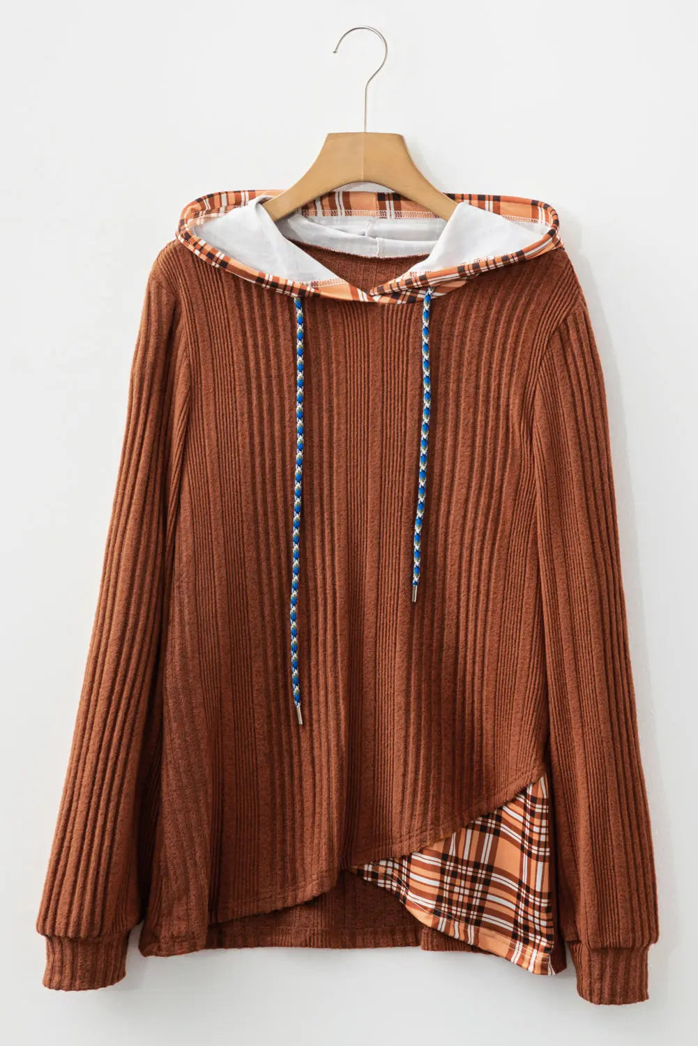 Chestnut Plaid Patchwork Ribbed Knit Drawstring Hooded Top Markonline