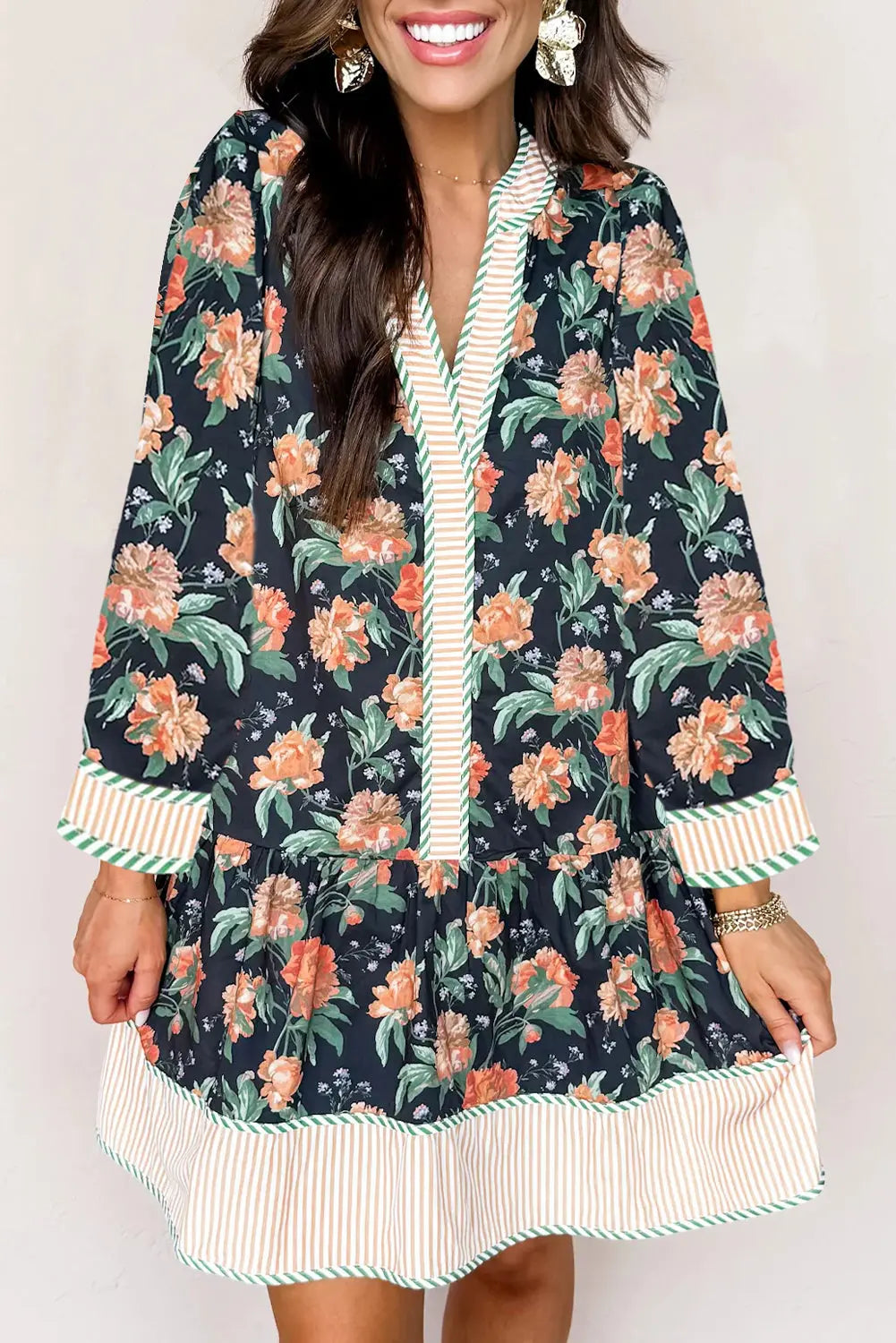 Blue Floral Print Striped Trim V Neck Long Sleeve Ruffle Hem Shift Mini Dress Markonline