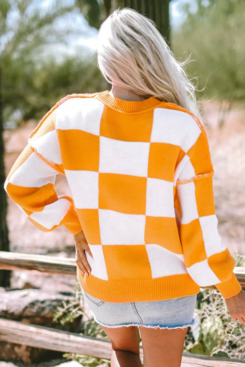 Orange Checkered Bishop Sleeve Sweater Dear-Lover Dropshipping
