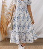 Sky Blue Smocked Bodice Short Puff Sleeve Tiered Floral Midi Dress Markonline