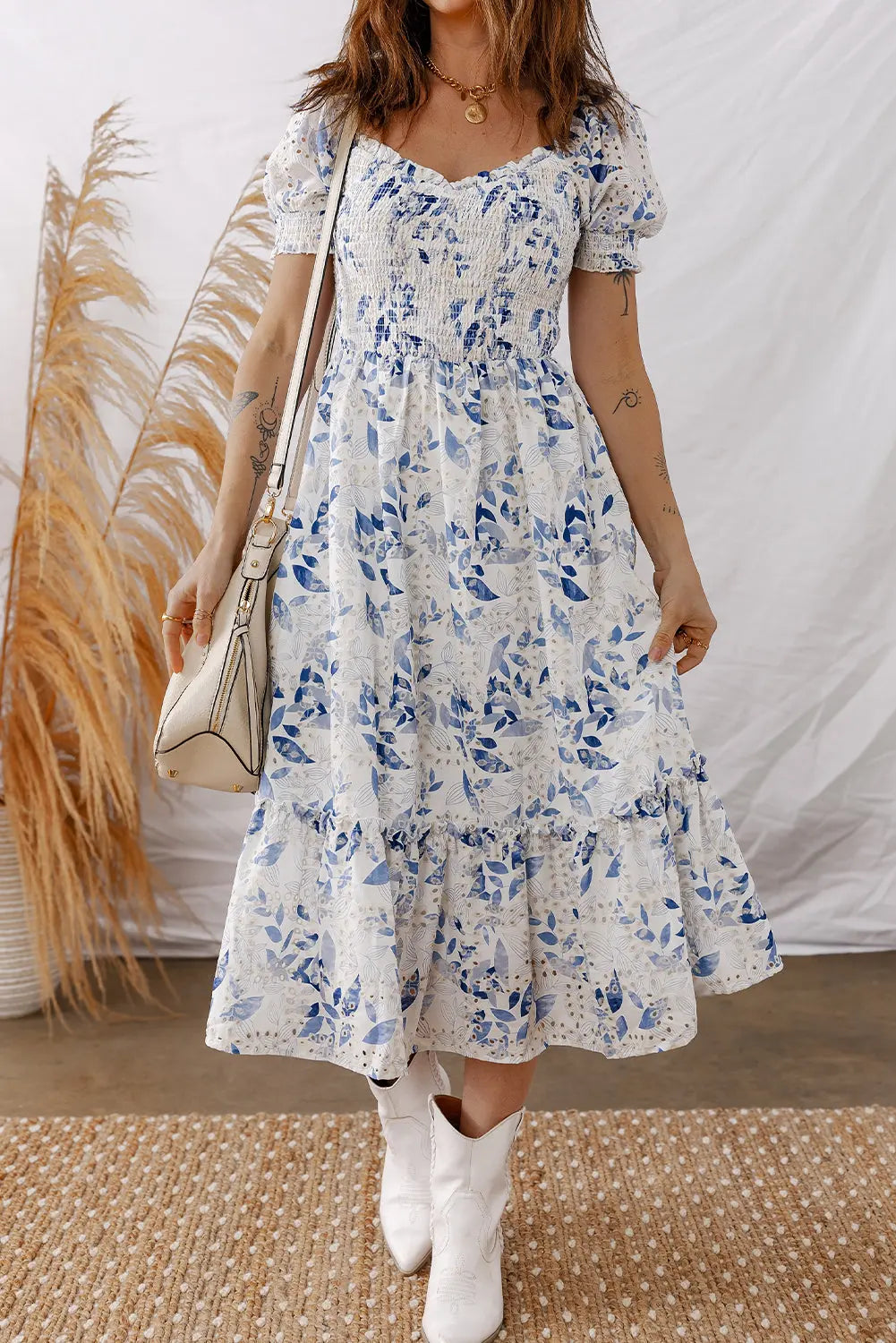 Sky Blue Smocked Bodice Short Puff Sleeve Tiered Floral Midi Dress Markonline