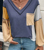 Sail Blue Exposed Stitching Colorblock V Neck Long Sleeve Top Dear-Lover Dropshipping
