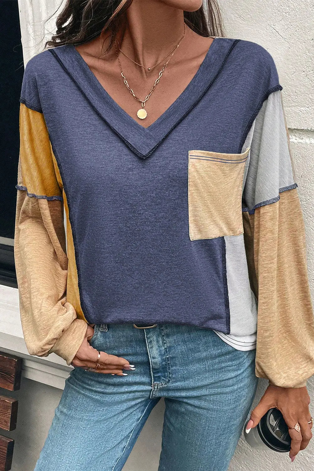 Sail Blue Exposed Stitching Colorblock V Neck Long Sleeve Top Dear-Lover Dropshipping